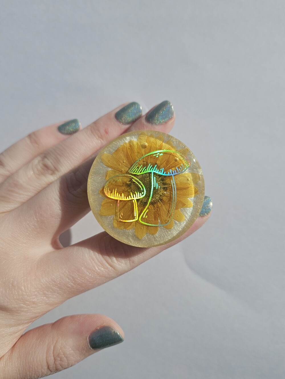 Handmade Sunflower Mushroom Resin Popsocket Phone Grip Whimsical Cottagecore
